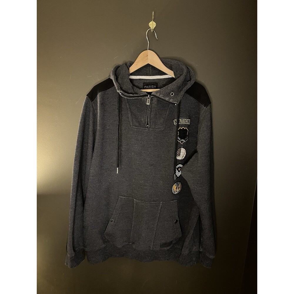 Parish Nation Hoodie Mens 2XL Gray Black Military Patch Y2K Streetwear 1/4 Zip